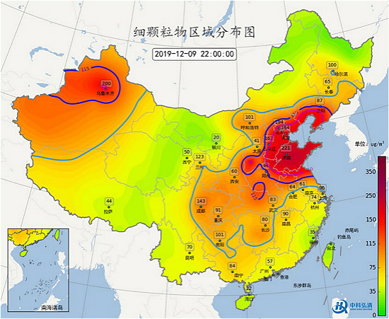 9日22時(shí)全國(guó)細(xì)顆粒物污染實(shí)況圖。（成都市生態(tài)環(huán)境局 供圖）